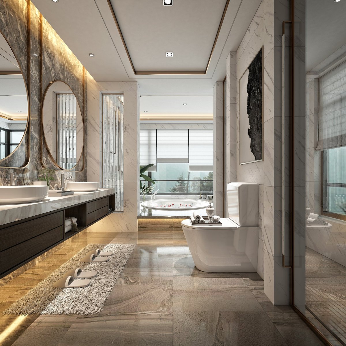 Luxury modern bathroom with elegant fixtures marble tile contemporary design spa-like retreat